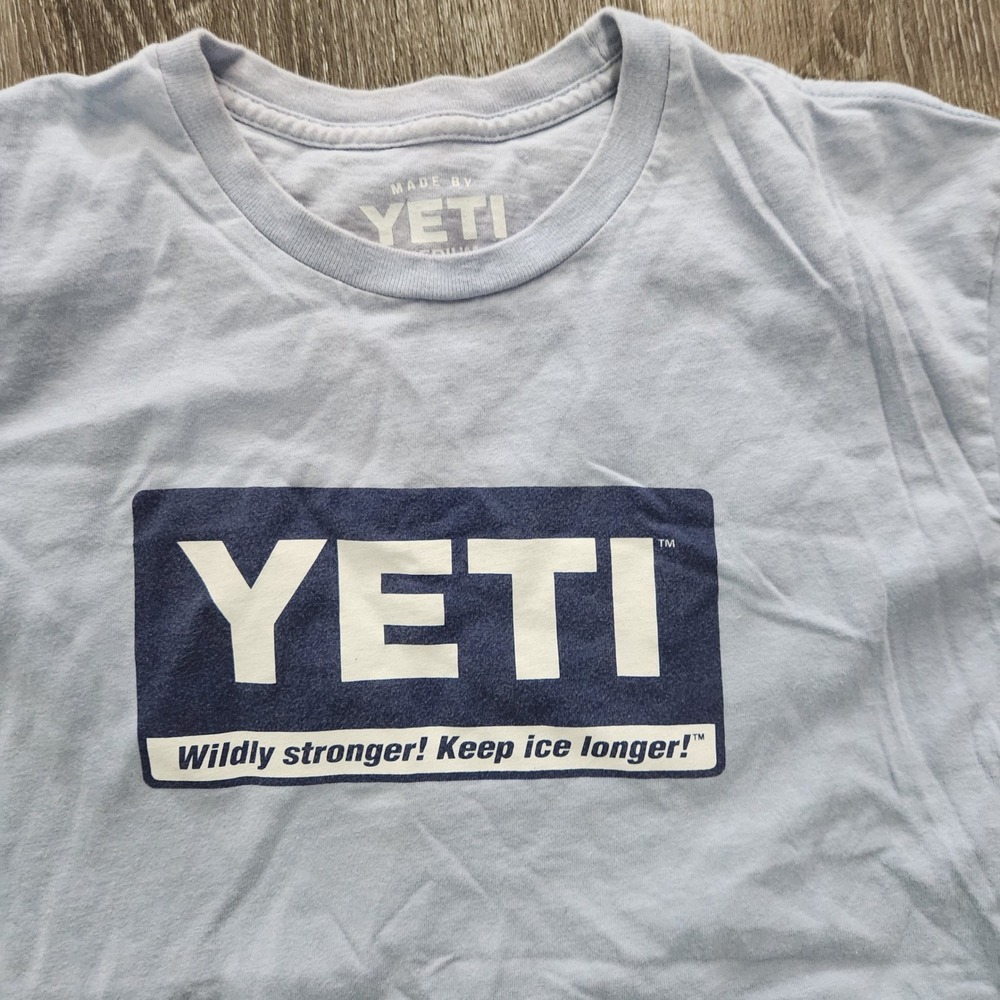 YETI Men Light Blue Graphic T-Shirt Wildly Stronger Keep Ice Longer Logo Medium - Picture 2 of 4
